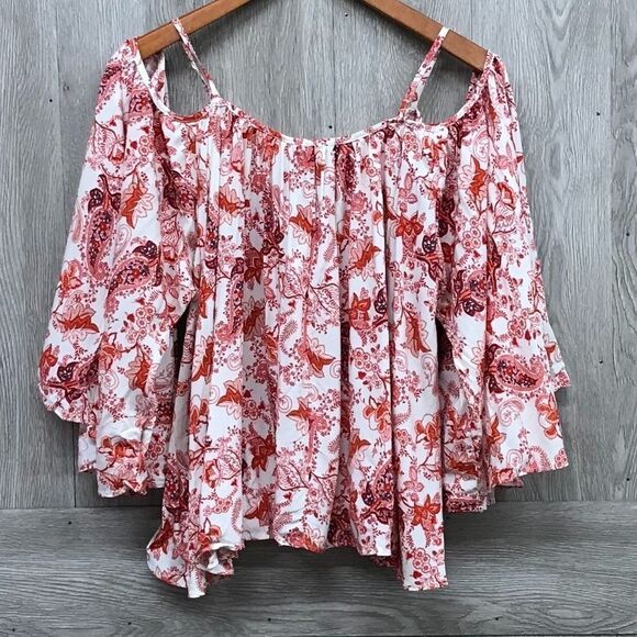 Cold Shoulder Red White Paisley Top BB94 - Picture 2 of 3